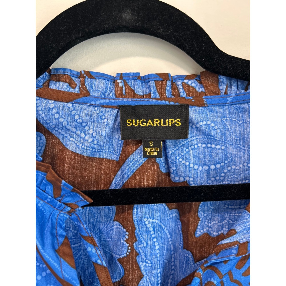 Sugarlips Blue Brown Floral Ruffle Shoulder Cotton Mini Dress Small - Picture 3 of 9